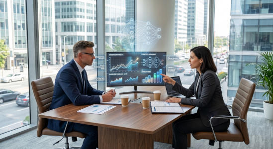 Dos consultores corporativos en una oficina moderna analizan gráficos de diseño de incentivos de ventas en la pantalla de una computadora que muestra visualizaciones de datos de IA